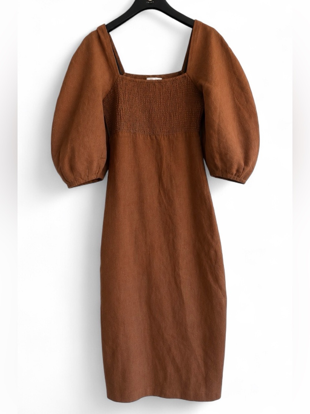 OAK + FORT *LINEN* Balloon Puff Sleeve Smocked Slit Dress XS XSMALL MOCHA BROWN